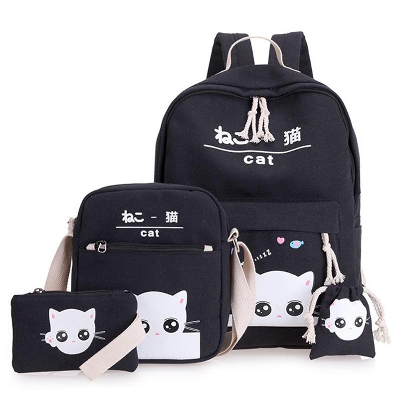 

Backpack 4 Pieces/Set Of Laptop School Girl Boy Teen Female Pouch Cute Cat Canvas Handbag Child, Green