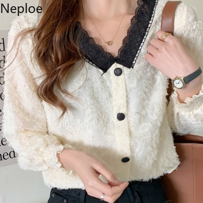Neploe Lace Furry Blouses Women Spring Clothes Patchework V-neck Single Breasted Shirts Loose Temperament Blouse Tops 4H184 210422