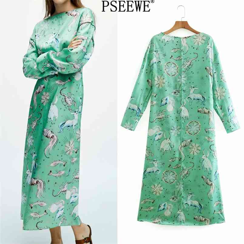 

Spring Dress Green Animal Print Satin Long Women Elegant Sleeve es Ladies Loose Vintage 210519