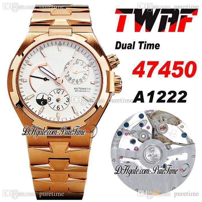 

TWAF Overseas Dual Time 47450 A1222 Automatic Mens Watch 18K Rose Gold Power Reserve Silver Dial Stick Stainless Steel Bracelet Super Edition Watches Puretime g7, Ss-blue
