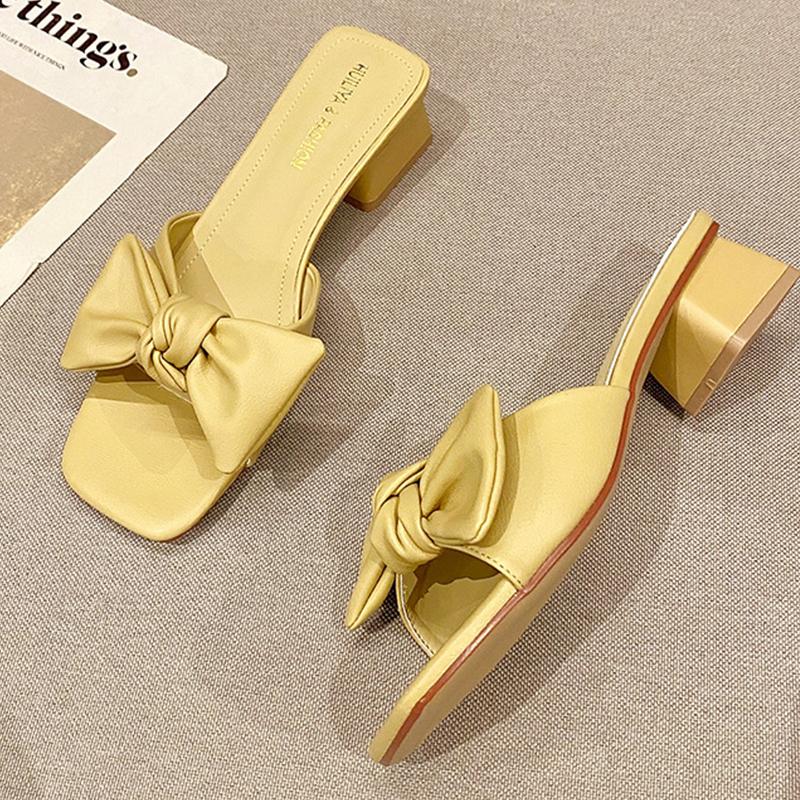 

Slippers Summer Women Sandals High Heel Shoes For Bow Peep Toe Heels Party Wedding Mules Woman Casual Square F084, Yellow