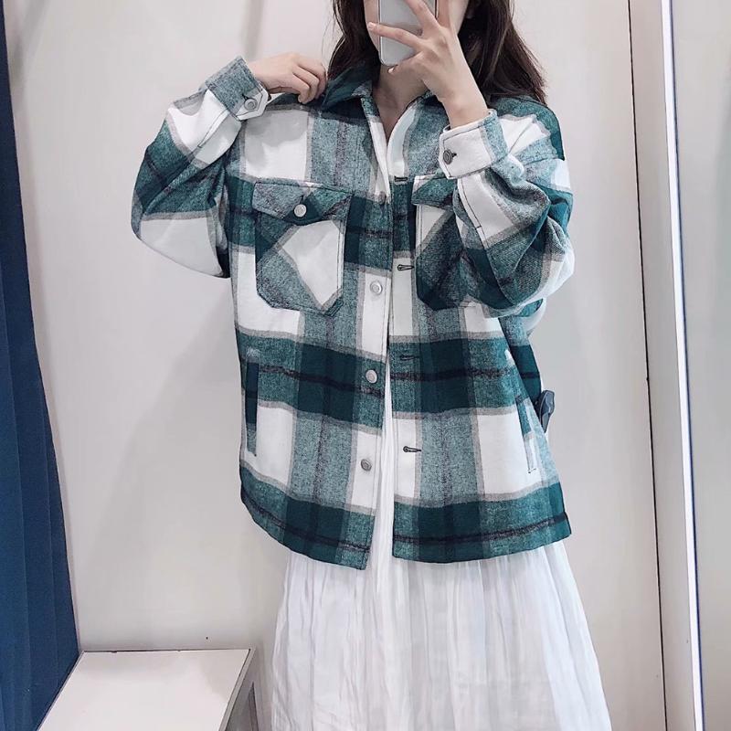 

Warm Woolen Coat Autumn Winter Women Fashion Oversized Plaid Jacket Vintage Long Sleeve Pockets Female Outerwear Chic Tops Women's Wool & Bl, Green