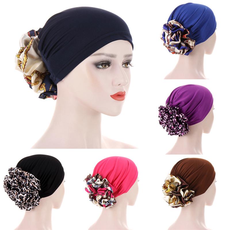 

Scarves Two-tone Muslim Women Inner Hijab Soft Elastic Flower Headscarf Hats Solid Breathable Islam Bonnet Arab Head Wrap Turban Cap