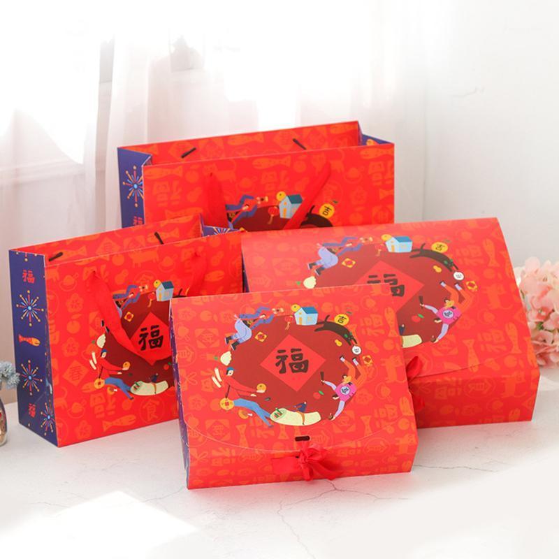 

Gift Wrap 6pcs Chinese Year Box Packaging Case Gifts Tote Bag Paper Container Storage Pouch Party Supplies Small Size(Blessing