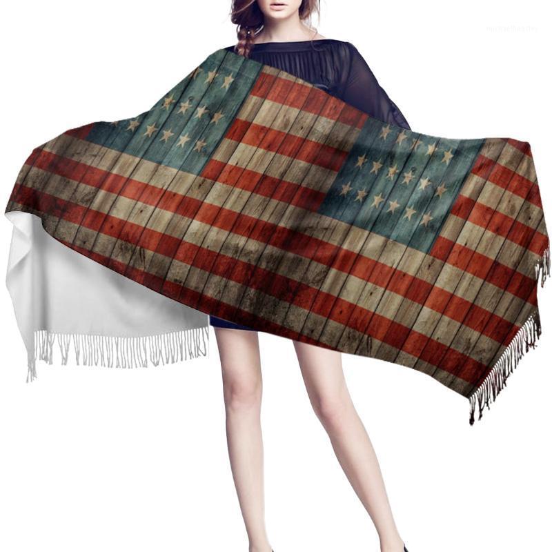 

Scarves Women Cashmere Scarf Autumn Winter Hijab Wrap American Flag Wood Stars Retro Style Printed Shawls Headband Summer Ladies