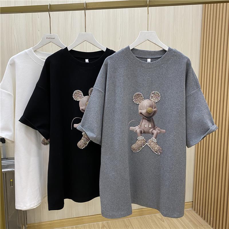 

Thick Print Cartoon Short-sleeved T-shirt Women Loose Round Neck Pullover Top Trend Women's XEF4, Black
