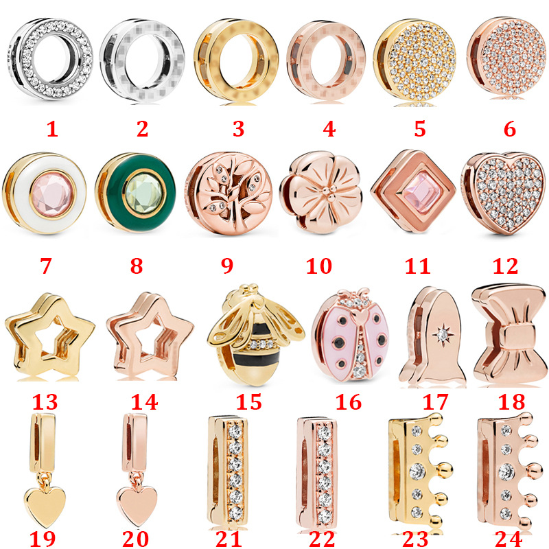 

Genuine 925 Sterling Silver Fit Pandora bracelet charms rose gold bee five-pointed star clasp fixed clasp beads Love Heart Blue Crysta Charm, Black