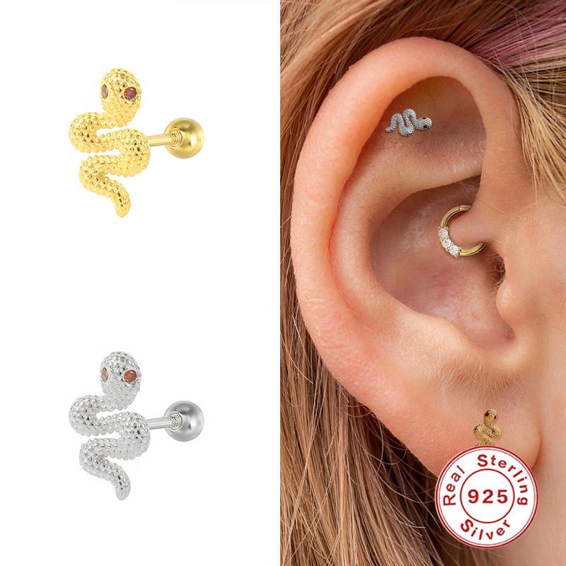 

stud aide 1pcs funny tiny snake earrings 925 sterling silver small luxury zircon thread piercing cartilage kolczyki damskie, Golden;silver