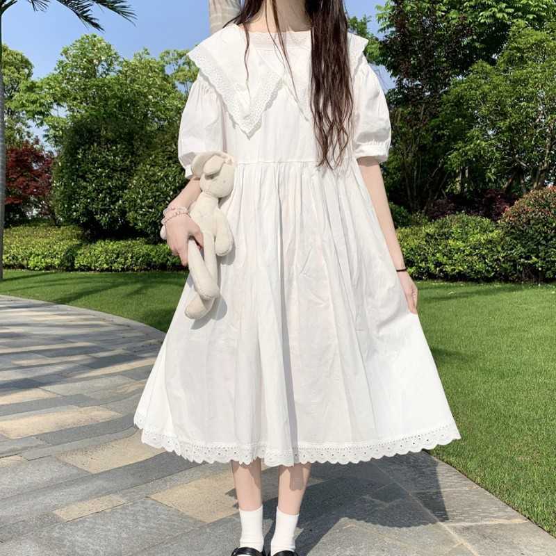 

Japanese Sweet Cute Big Lapel Dress Summer Fashion Lace Patchwork White Casual Kawaii Party Dresses 210526, Beige