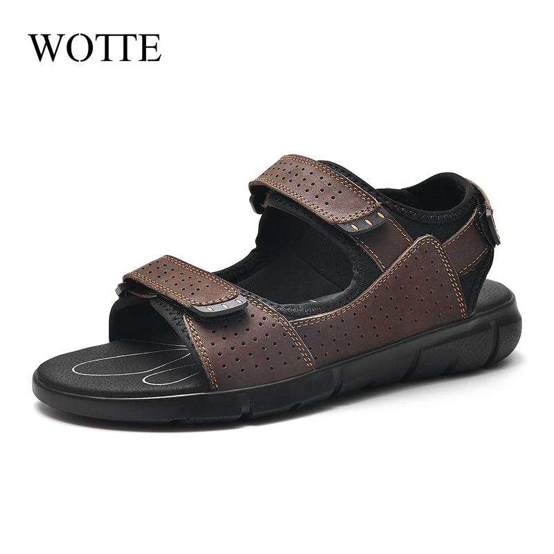

Sandals WOTTE Genuine Leather For Man 2021 Light Open Toe Summer Beach Shoes Men Slippers Sandale Homme Size 38-48, Black