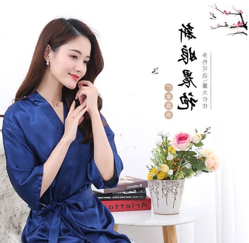 

bathrobe nightgown women's summer pure color bathrobe short sleeve silk loose large cardigan gown luxury medium length pajamas