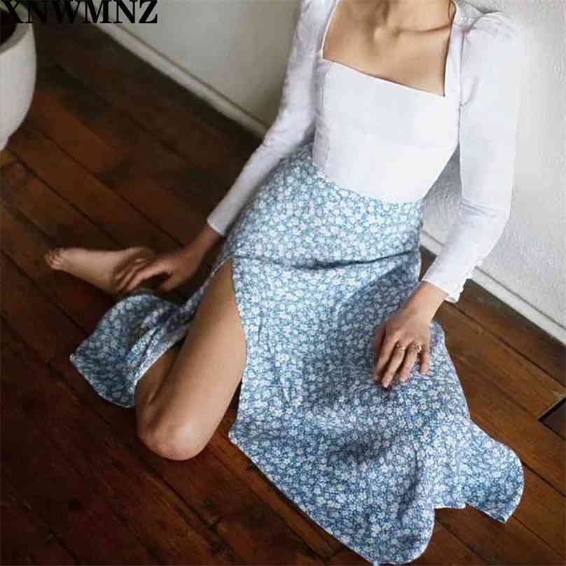 

women Elegant High Waist Split Midi Skirt harajuku Blue Floral Print skirts womens Slim Summer Women 210520, Sky blue