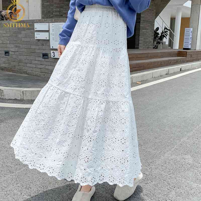 

Woman High Waist Fashion Mid-Length Elegant Flower Embroidery Hollow Out Lace Skirts Summer Faldas 210520, Photo color