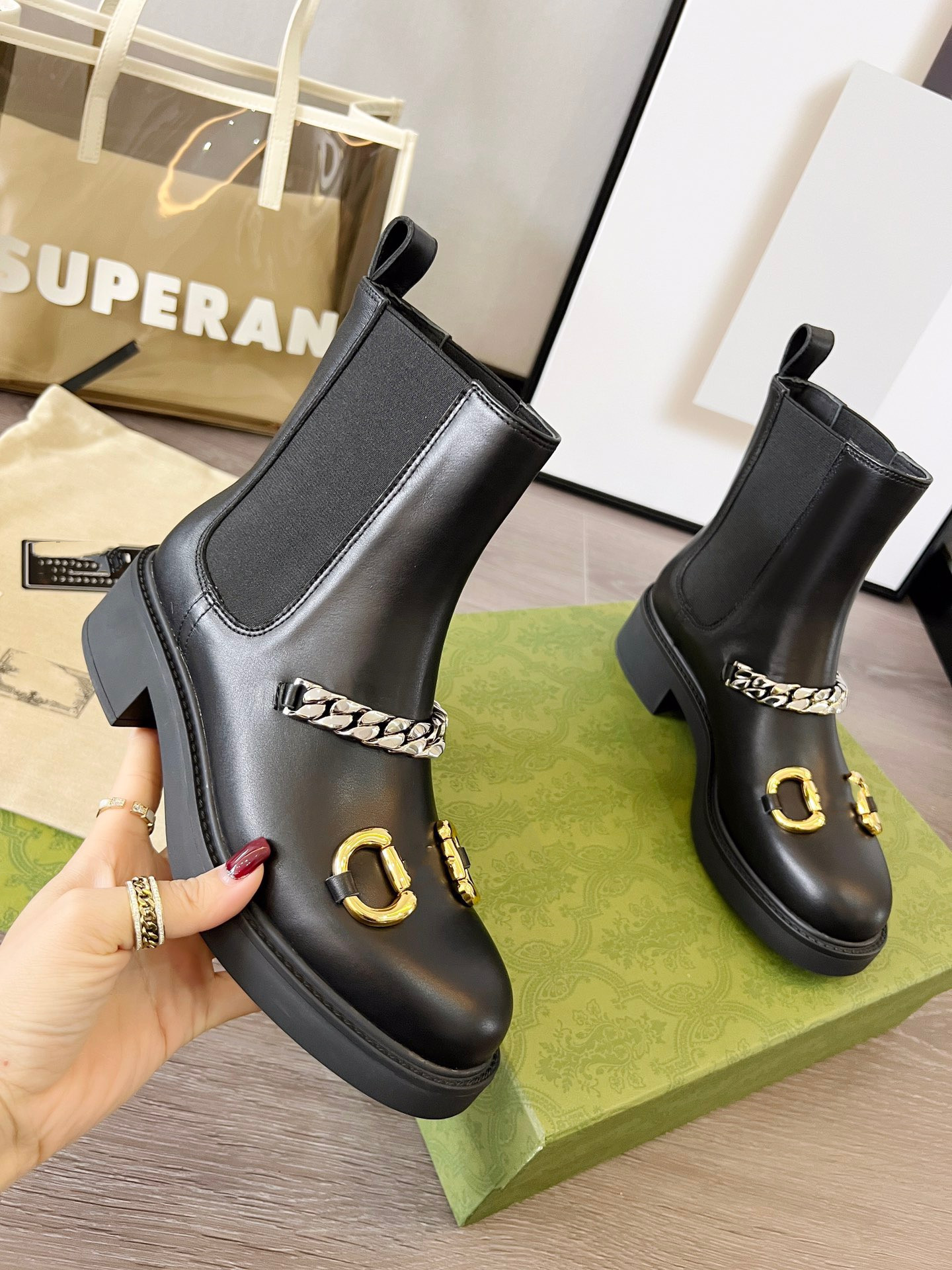

2021 autumn winter Ankle boots Designer Double G female British college Platform vintage horsebit buckle boot size 35-40, Black