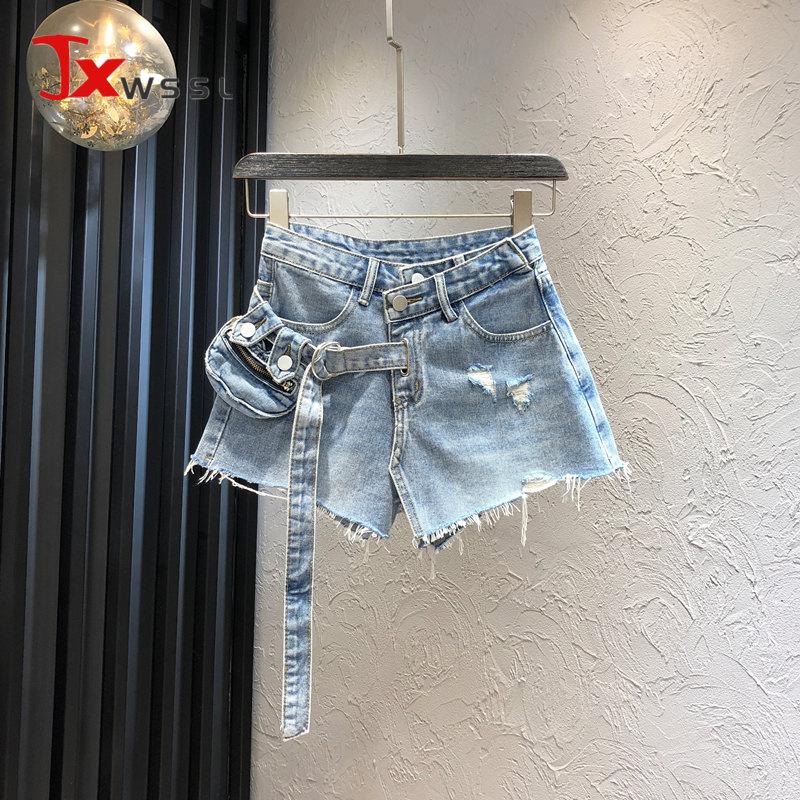 

Women' Shorts Fashionable Detachable Waist Bag Light-colored Hole Denim Women Summer High Wide Leg Jeans, Blue