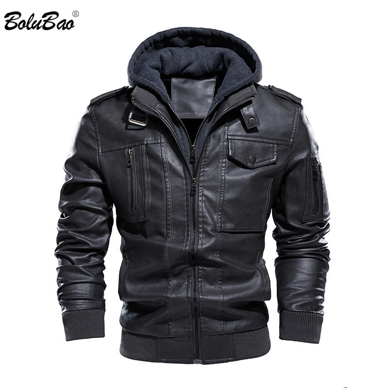 

BOLUBAO Winter Men Biker Leather Jacket Brand Men's Fashion Casual Leather Jacket Coat Washed Hooded Leather Jackets Male 210518, Black
