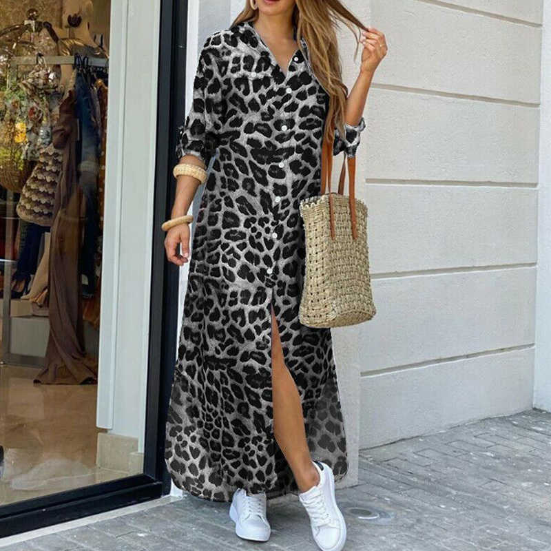 

Elegant Print Buttoned Slit Shirt Dress Women Summer Lapel Neck Maxi Party Dress Casual Loose Long Sleeve Beach Dresses Vestidos Y0603, 04 red