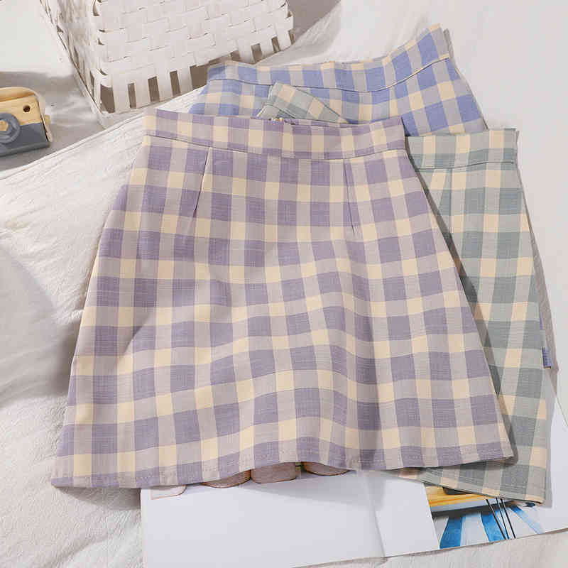 

Korean Contrast Color Plaid Skirts Women Sweet Chic Short Fashion Sexy Mini High Waist Summer Female 210518, Blue