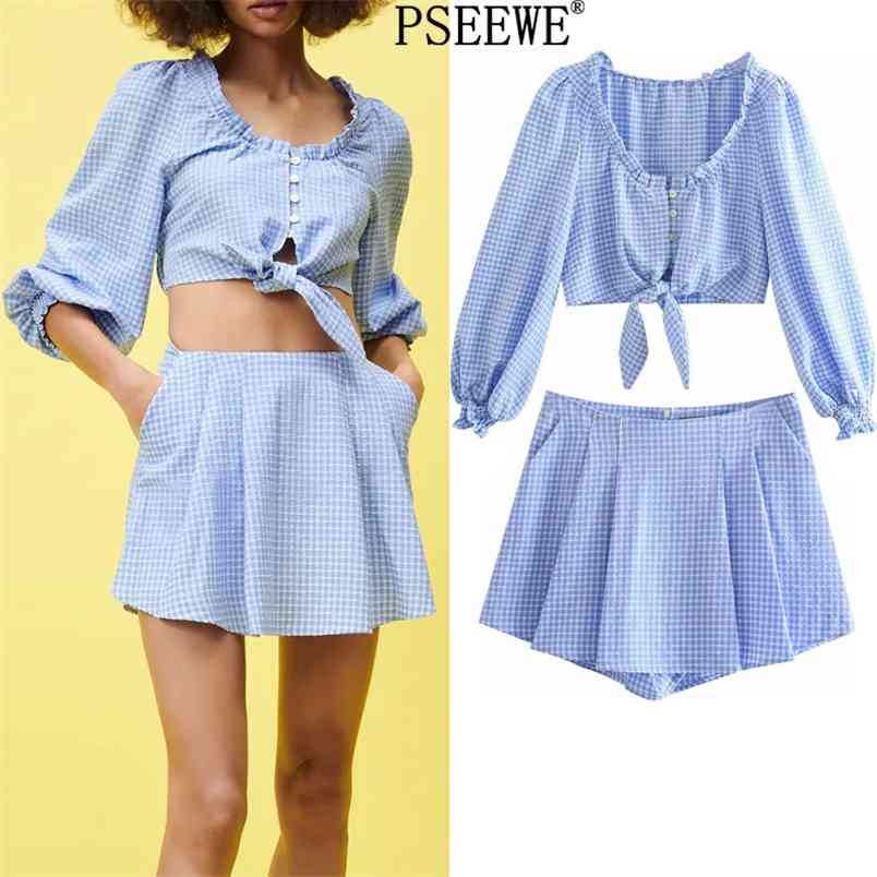 

Women Sets Blue Plaid Crop Top Female Fashion Summer Two Piece Set Woman Suit Casual Gingham High Waist Skirt Shorts 210519