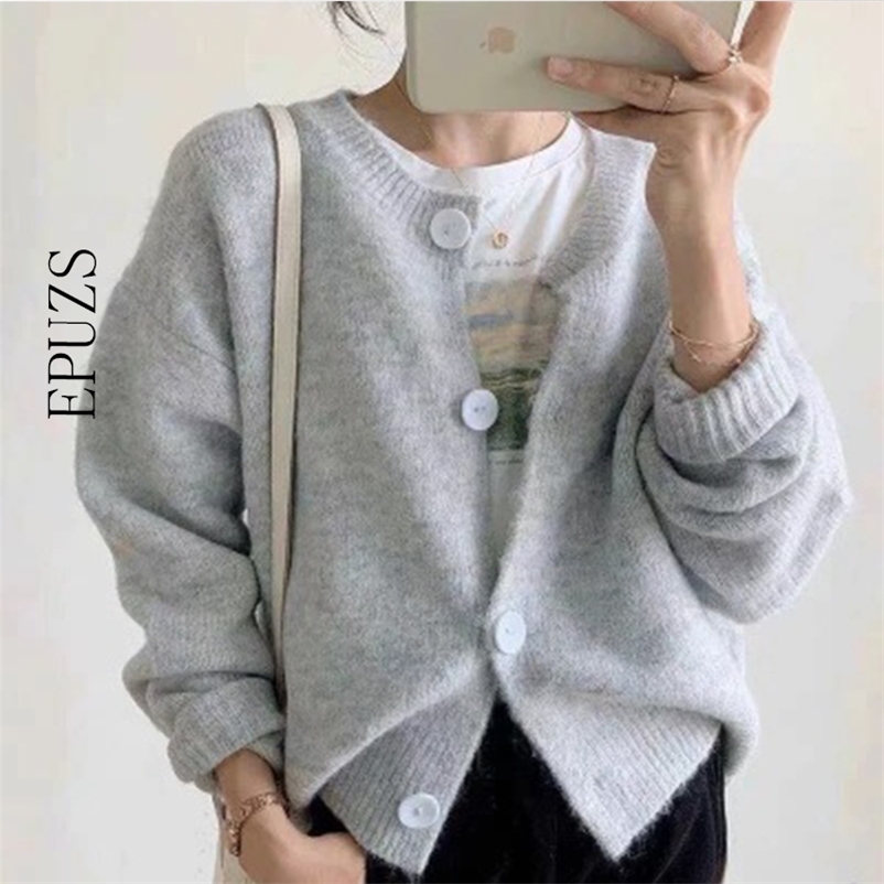 

Winter Vintage O-Neck Sleeve Knitted Sweater Fashion Slim Long Elegant Warm Cardigan Casual Loose CHic Top 210521, Gray