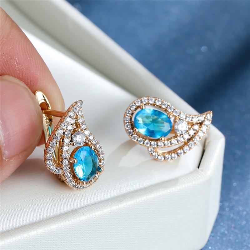 Hoop & Huggie Dainty Gold Color Wedding Earrings Aqua Blue Oval Zircon Water Drop Crystal Small Stone For Women Jewelry-image-698375665