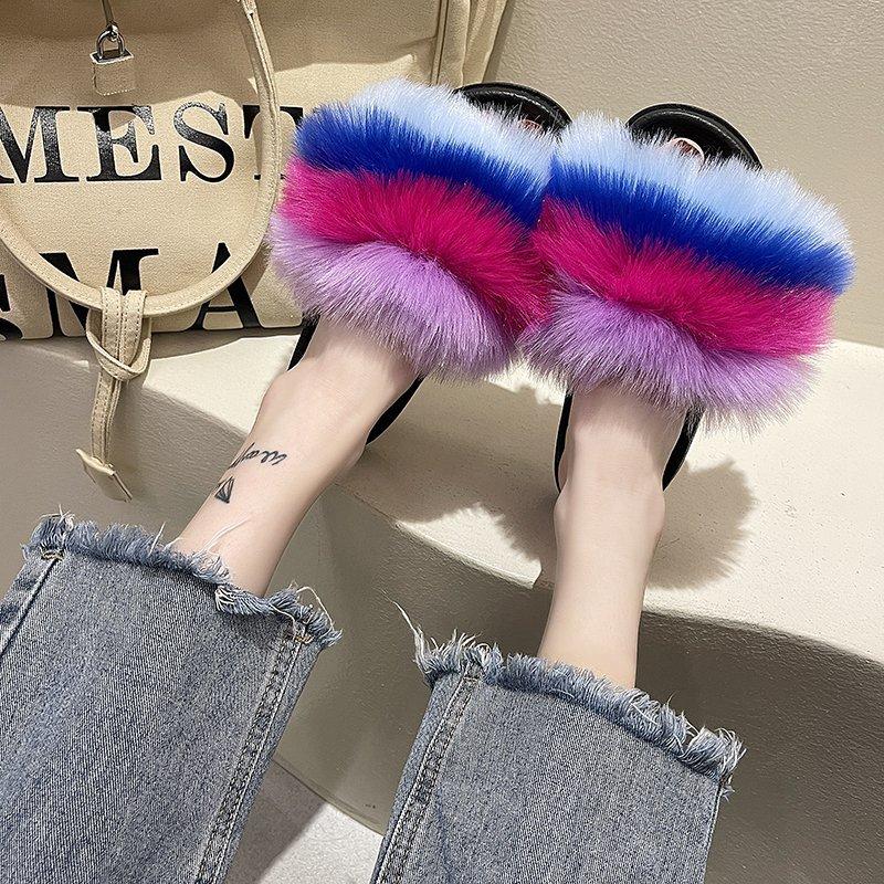 

Sandals Plush Flat Slippers Women Open Toe Platform Summer Soft Slipper Indoor Outdoor Leisure Beach Shoes Stripe Autumn, Black