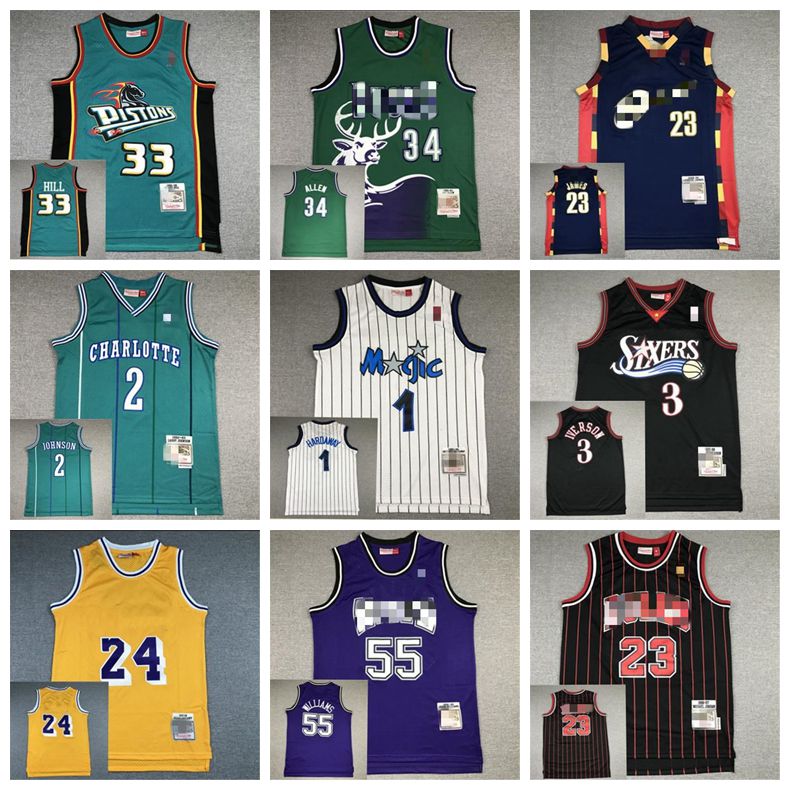 

Men 23 MJ Mamba 3 Iversen 1 Hardaway 55 Williams 10 Bibby 33 Hill 34 Allen Mitchell & Ness Classics Player Throwback Jerseys, Black;red
