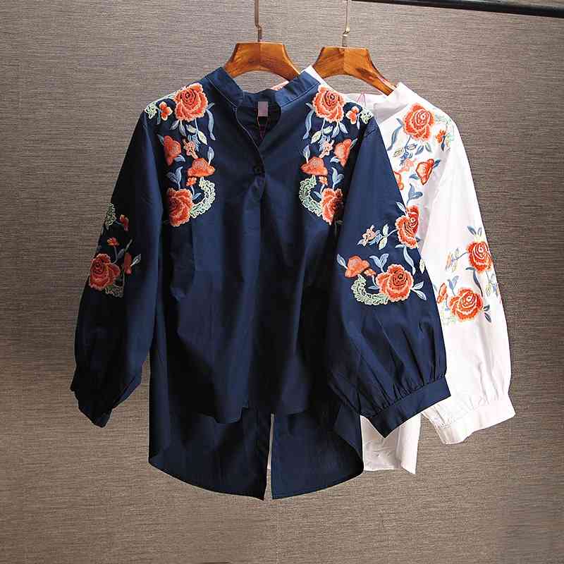 

Spring and Autumn Fashion Short Embroidered V-neck 3 / 4 Sleeve Slim Shirt Vintage Women's Top Women Blouses 210615, White
