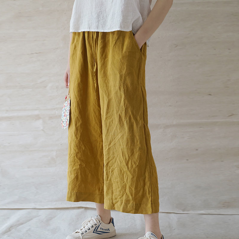 

Johnature Spring Summer Leisure All-match Elastic Waist Cotton Linen Straight Pants Loose 4 Color Women Lace Up Pants 210521, White