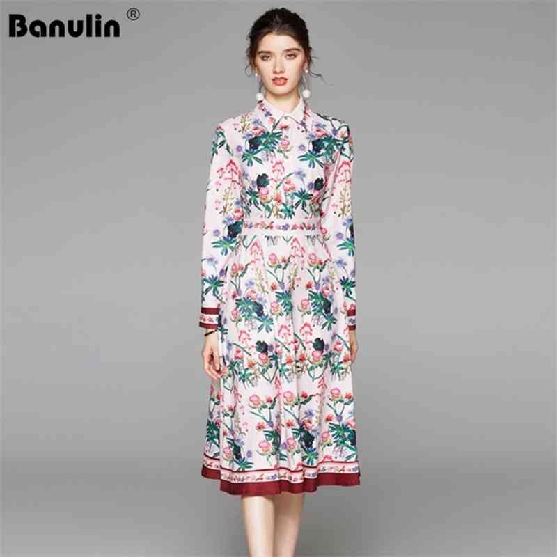 

Banulin Autumn Runway Floral Holiday Dress Women's Turn Down Neck Long Sleeve Muticolor Print Elegant Robe Femme 210603, Pink