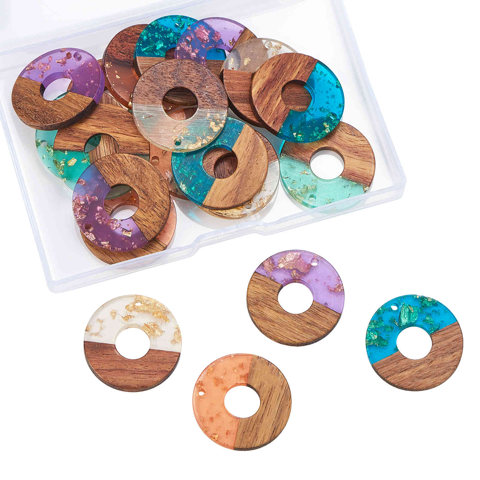 

20Pcs/box Transparent Resin Pendants Waxed Wooden Donut Charms with Foil for Jewelry Earrings Necklaces Making Aceessories, Bronze;silver