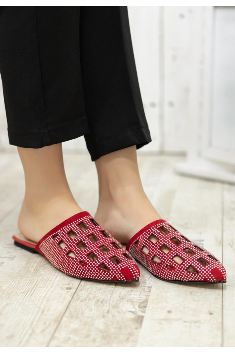 

Sandals Eloi Red Suede Beads Embroidered Slippers, As pic