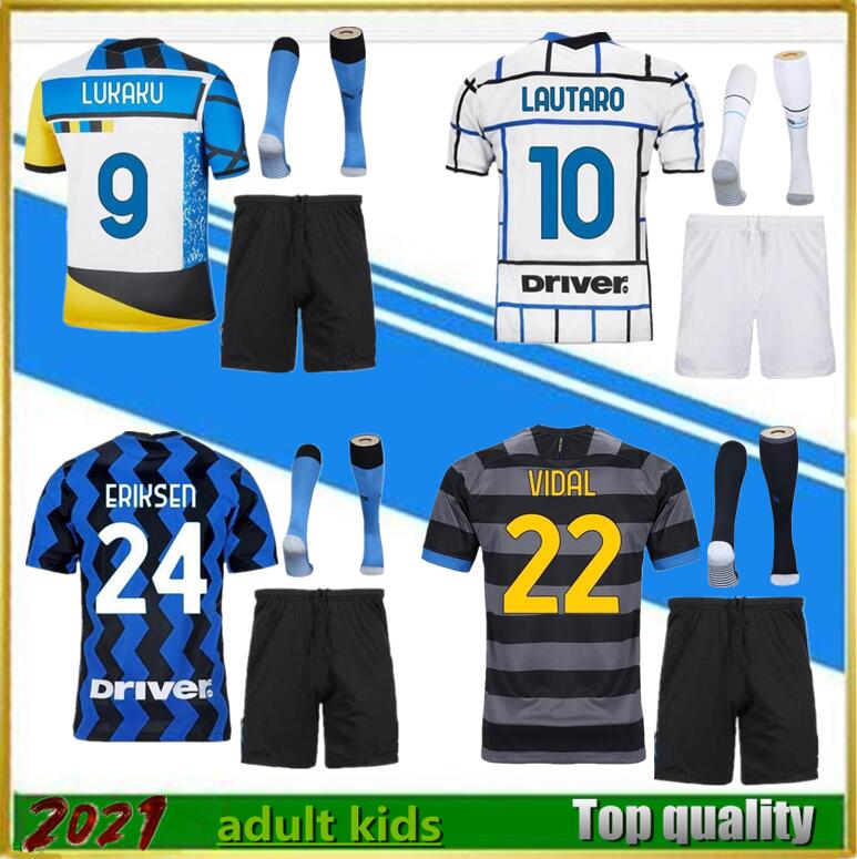 

2021 LUKAKU soccer jersey kit 20 21 Home Away VIDAL ALEXIS BARELLA SENSI MILAN football shirt men kids sets+sock Maillots de foot, 4th