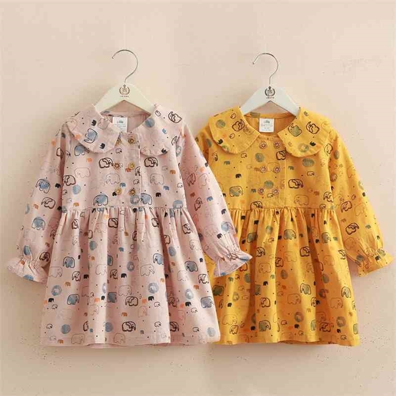 

Spring Autumn 2-6 8 10 Years Fashion Long Flare Sleeve Peter Pan Collar Baby Kids Girls Cartoon Animal Cotton Dresses 210701, Yellow