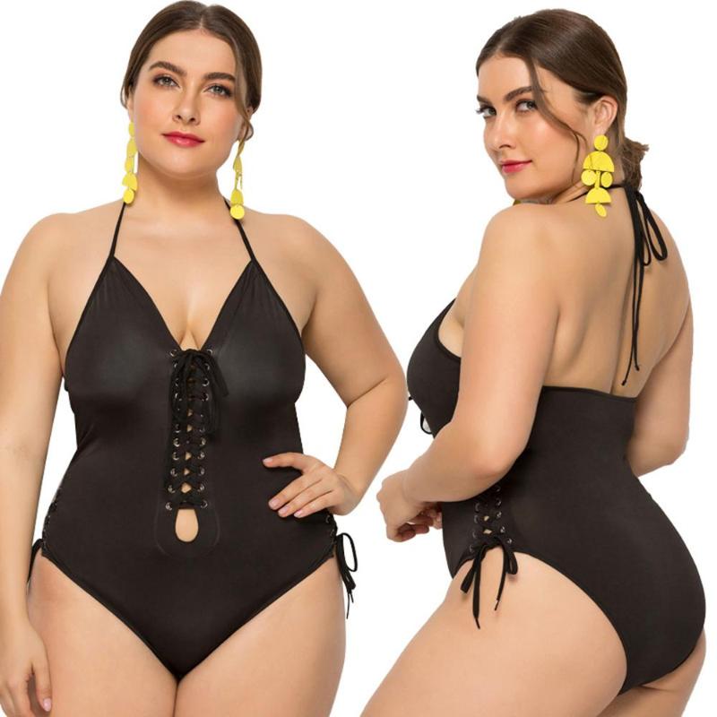 

Women's Swimwear YY17 2021 Bikini One Piece Plus Size Black Fat Beach Dresses For Vacation Halter Sexy Female Summer Hollow Out