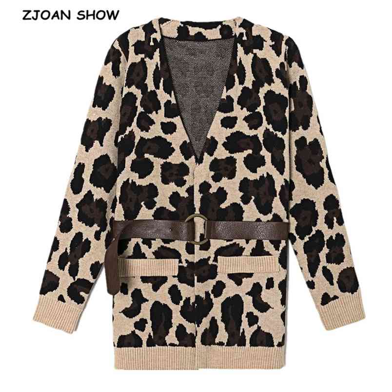

French With Belt Knitted Leopard Cardigan Vintage Animal Sweater Retro Woman Long sleeve Jumper Knitwear 210429, Khaki