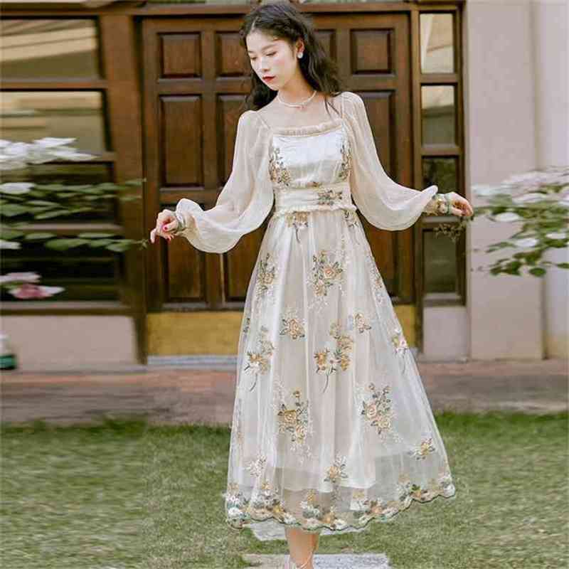 

Fashion Floral Embroidery Party Dress Women Slash Neck Lantern Sleeve Lace Mesh Boho Sweet Long Retro 210519, Picture color