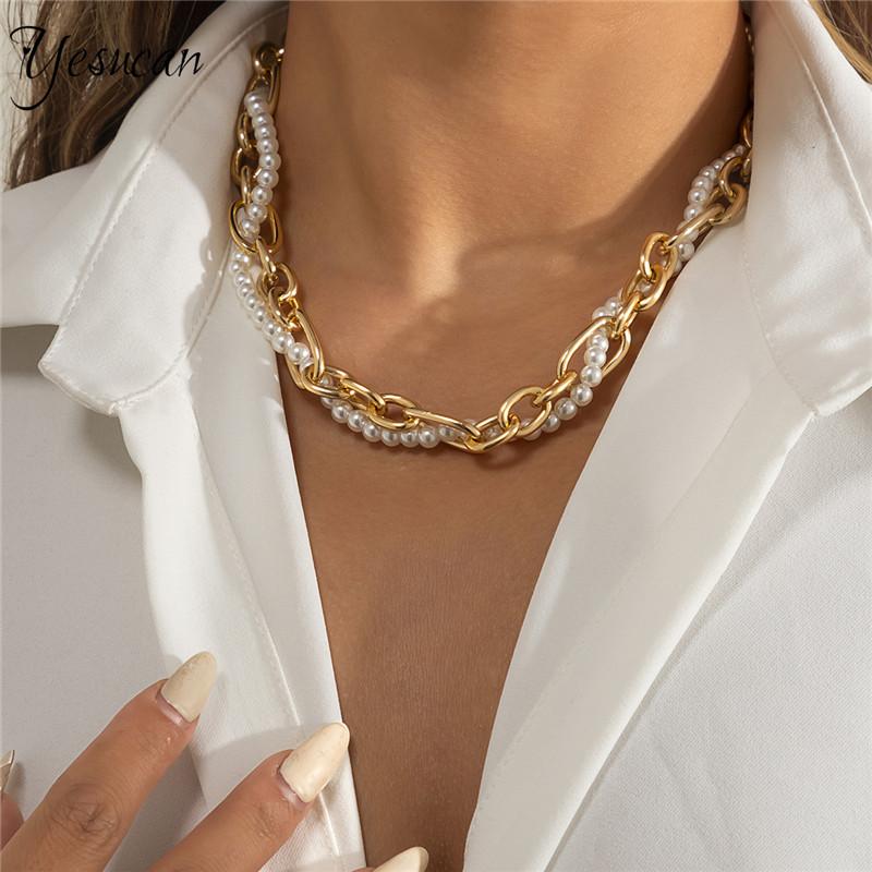 

Chokers Fashion Chain Pearl Necklace For Women Baroque Metal Charm Pendants Necklaces Choker Wedding Engagement Jewelry Birthday Gift