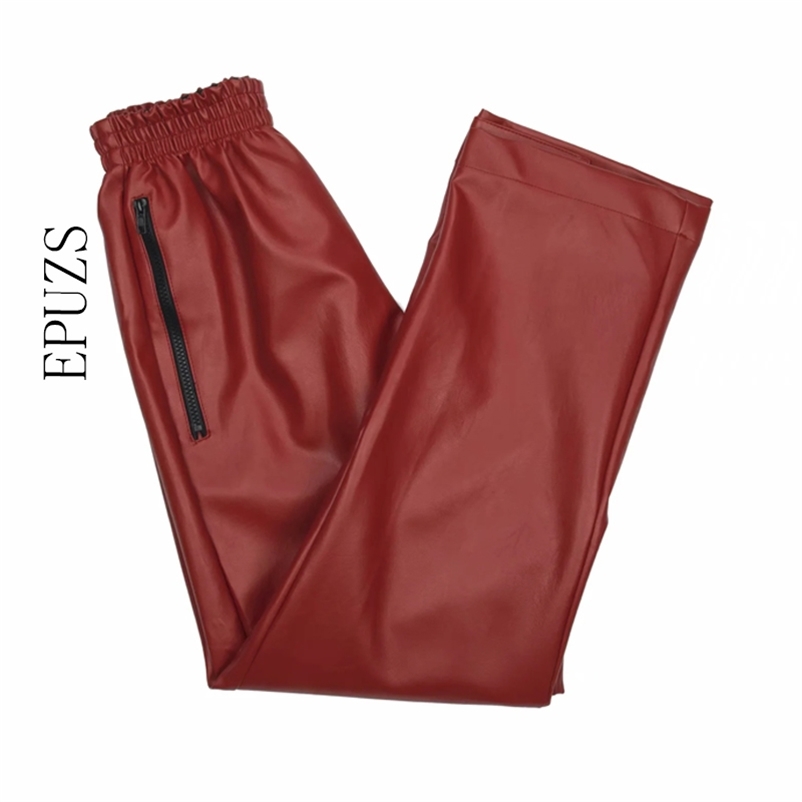 

Fashion zipper black PU pants women high waist Streetwear leather straight trousers casual lady pencil 210521, Red