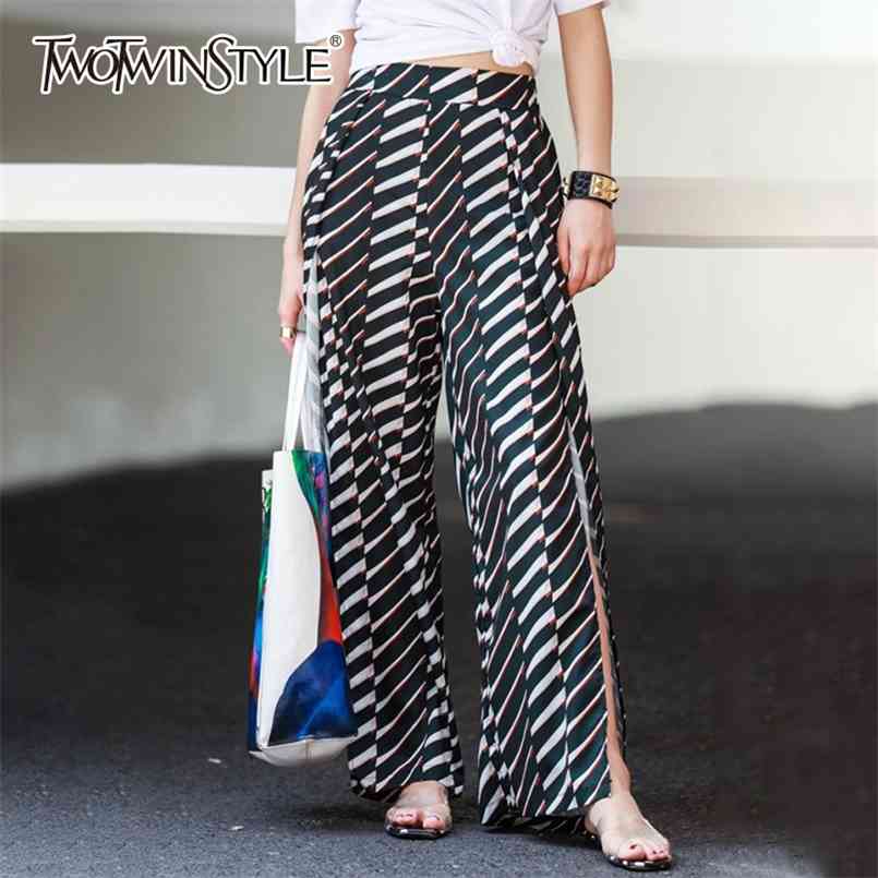 

Striped Wide Leg Pants Female High Waist Split chiffon Trousers Women Casual Korean Clothes Summer Fashion 210521, Black pants