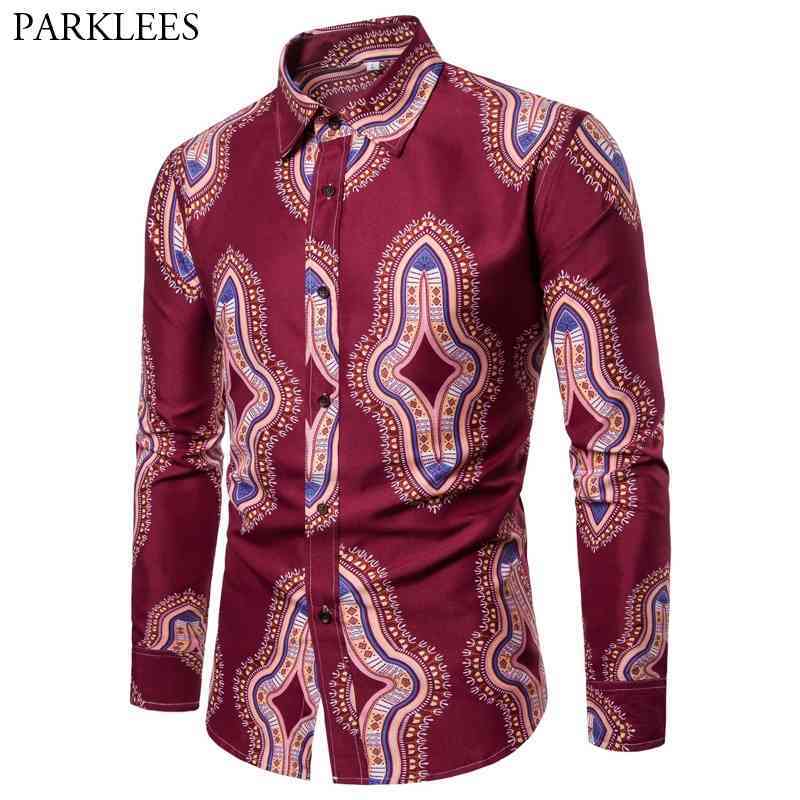 

Wine Red African Shirt Men Fashion African Dashiki Print Mens Dress Shirts Slim Fit Long Sleeve Shirt Male Chemise Homme 210524, Black