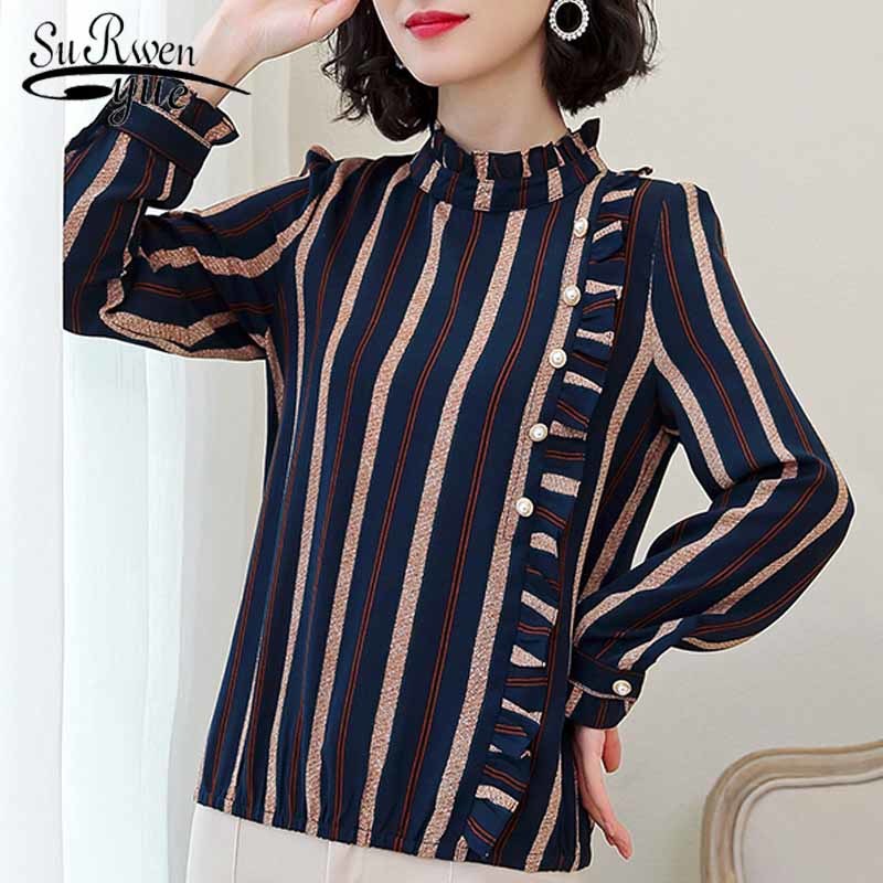 Chemisier de taille plus femme d'automne chemises à manches longues de mode Fashion Femmes Vêtements en mousseline de mousseline rayée Blouse 542