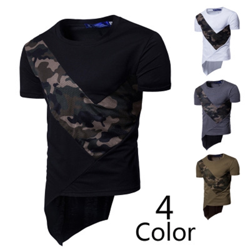 

camouflage men short t shirt summer crew neck patchwork designer unregular high street homme gray black white t-shirt m-3xl, White;black