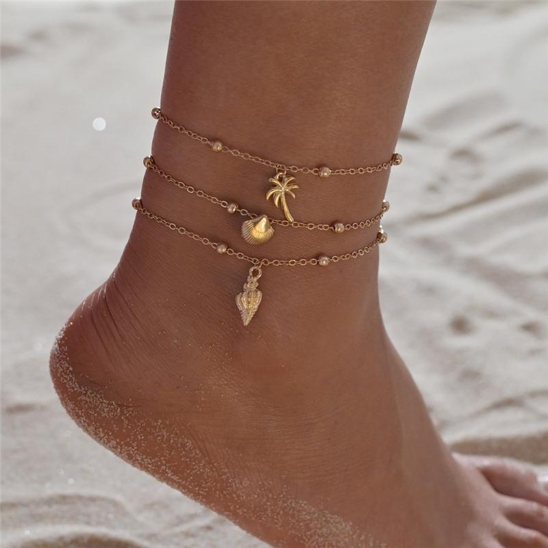 

Anklets 3pcs Vintage For Women Conch Shell Pendant Anklet Summer Beach Foot Ankle Bohemian Bracelet On Leg Jewelry, Red;blue