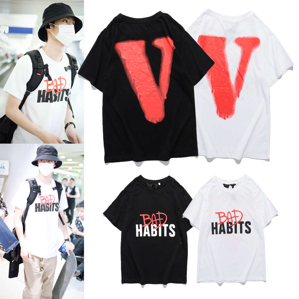 

ins net red extreme youth the same vlones graffiti letter behind big v short sleeve t-shirt for men and women, White