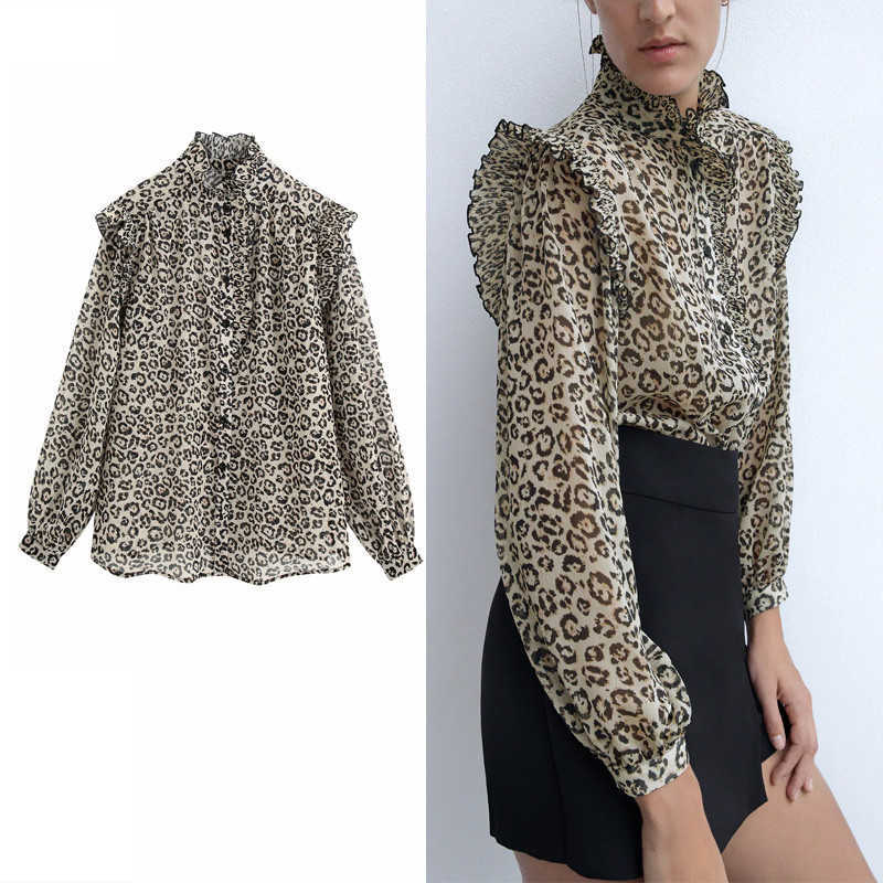 

Za Semi-sheer Animal Print Vintage Shirt Women Ruffle Leopard Blouse High Collar Long Sleeve Female Harajuku Top 210602, As picture