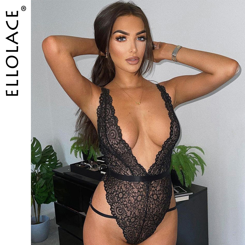 

2021lace deep-v bodysuit women overalls for women see through bodysuit underwear bodycon lace womens body, Black;white