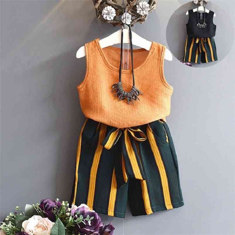 

Arrivals Summer Children Sets Sleeveless O Neck Solid Tops Striped Bow Shorts Casual 2Pcs Girls Clothes 2-7T 210629, Black