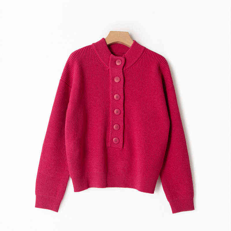 

Front Buttons Women' Knitted Sweater Stand Collar Simple Ladies Long Sleeve Jumper Knitwear Female Pullover Tops 2021 Y1110, Rose
