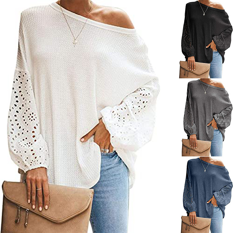 

Women Autumn Winter Knitting Pullovers Tops Patchwork Lace Long Sleeve O Neck Casual Fashion Loose Lady Street Sweater, Black